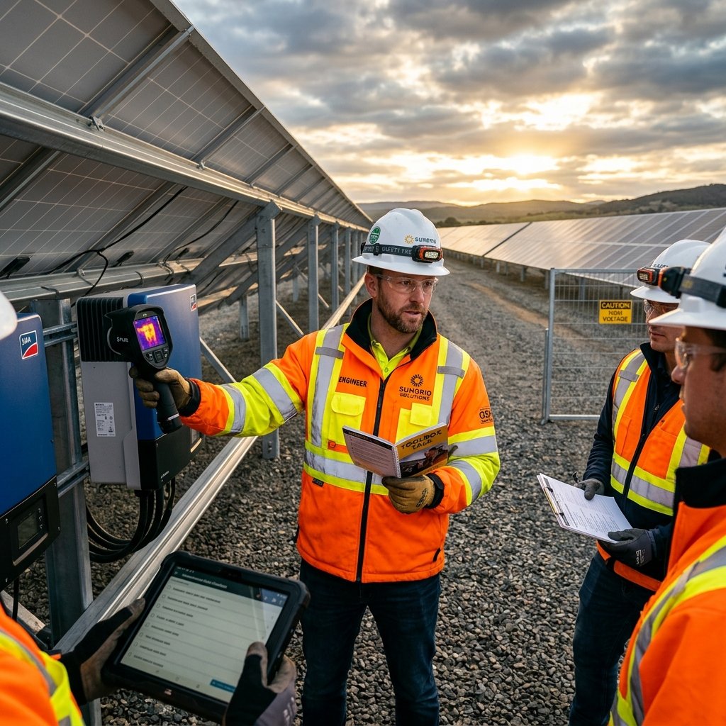 Solar maintenance platform technician performing field inspection with digital toolbox talk compliance checklist