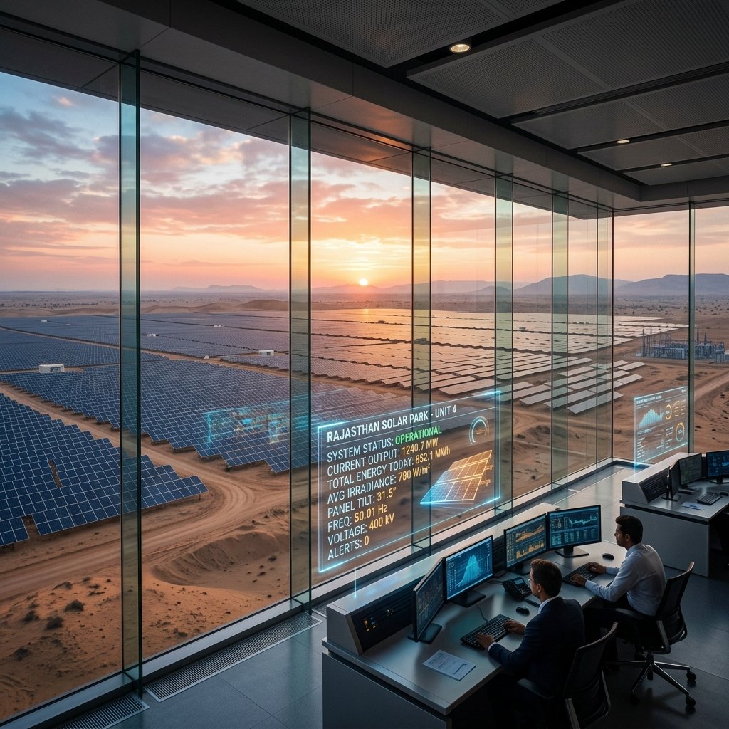 High-tech solar control room with holographic telemetry overlays
